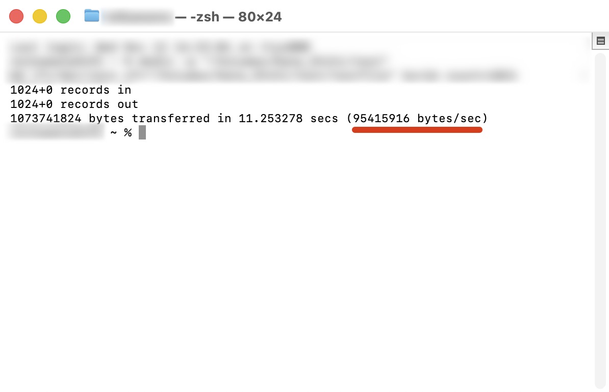 ターミナルによる書き込み速度チェックの結果