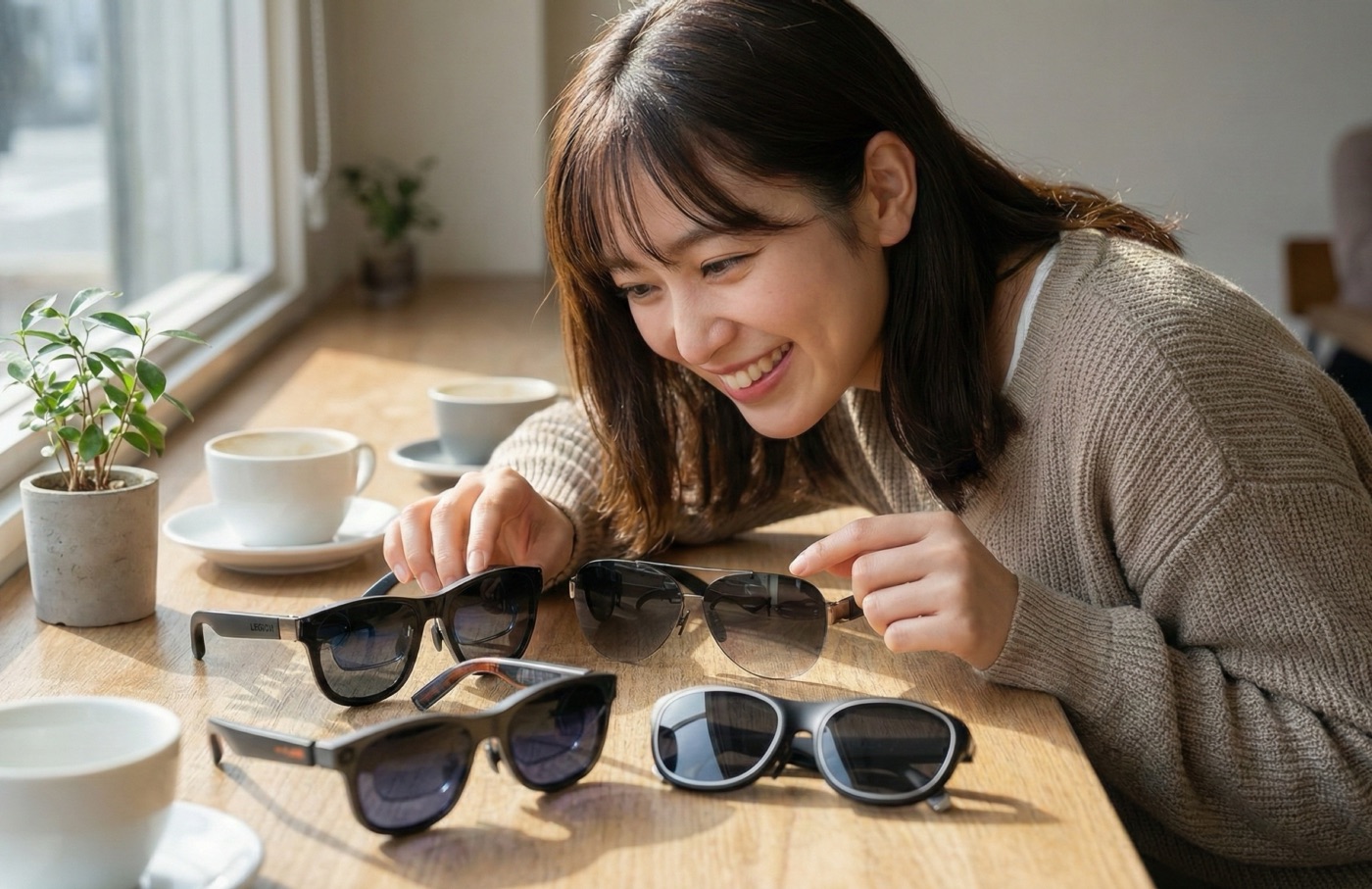 たくさんのARグラスを並べて嬉しそうな女性