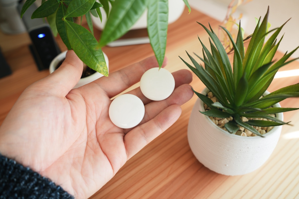 手のひらに乗せた初代AirTagとAirTag(第2世代)