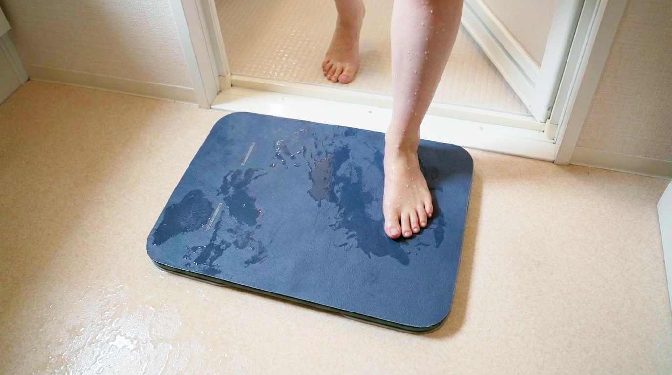 お風呂上がりにSmart Bath Matに乗る女性