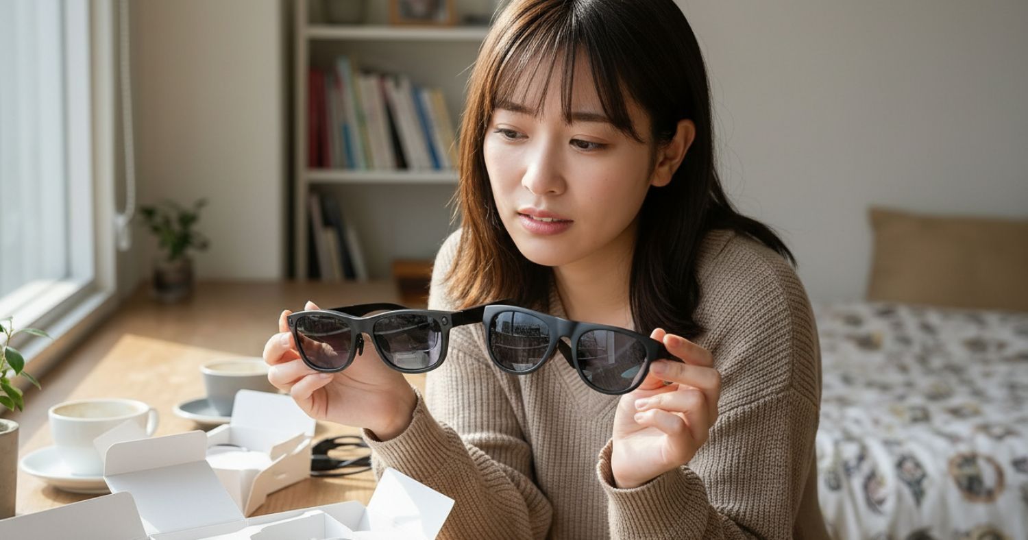 2つのARグラスを手に持ち、どちらにしようか迷う女性