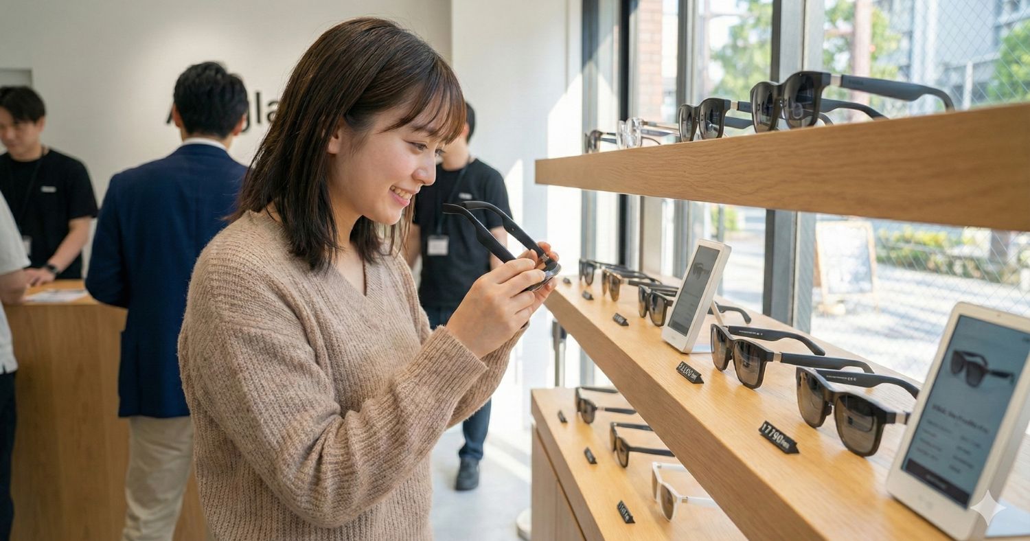 店頭に並んだARグラスを手に取る女性