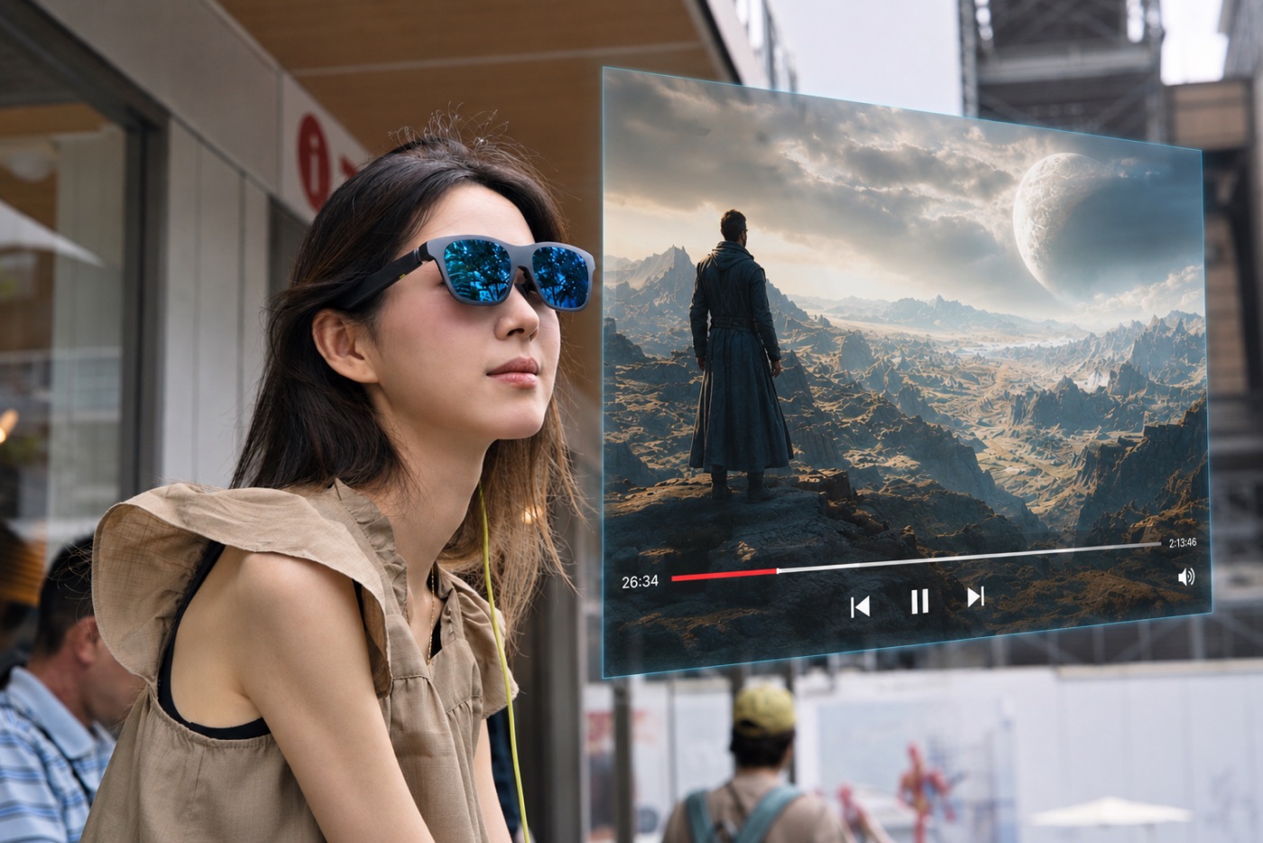 xbx a01+で空間に投影された映画を楽しむ女性